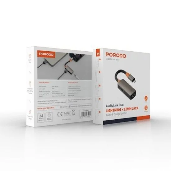 Porodo Duo Charging And Audio Adapter &ndash; Lightning + 3.5Mm &ndash; Black/Orange